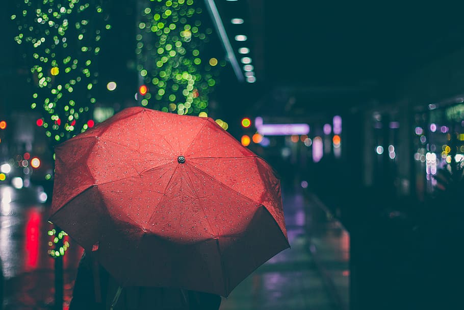 person, using, red, umbrella, bookeh lights photography, raining, night, dark, street, city