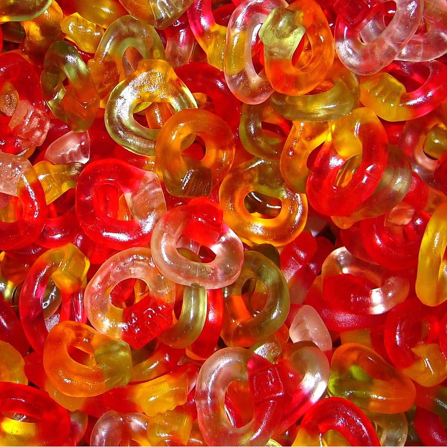 bunch of candies, Jelly, Gummy, Candy, Confectionery, gummy, candy, confection, red, orange, sugary