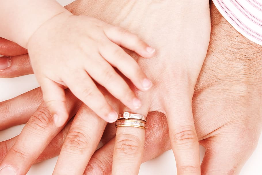 father, mother, baby, holding, child, concept, family, finger, girl, hand