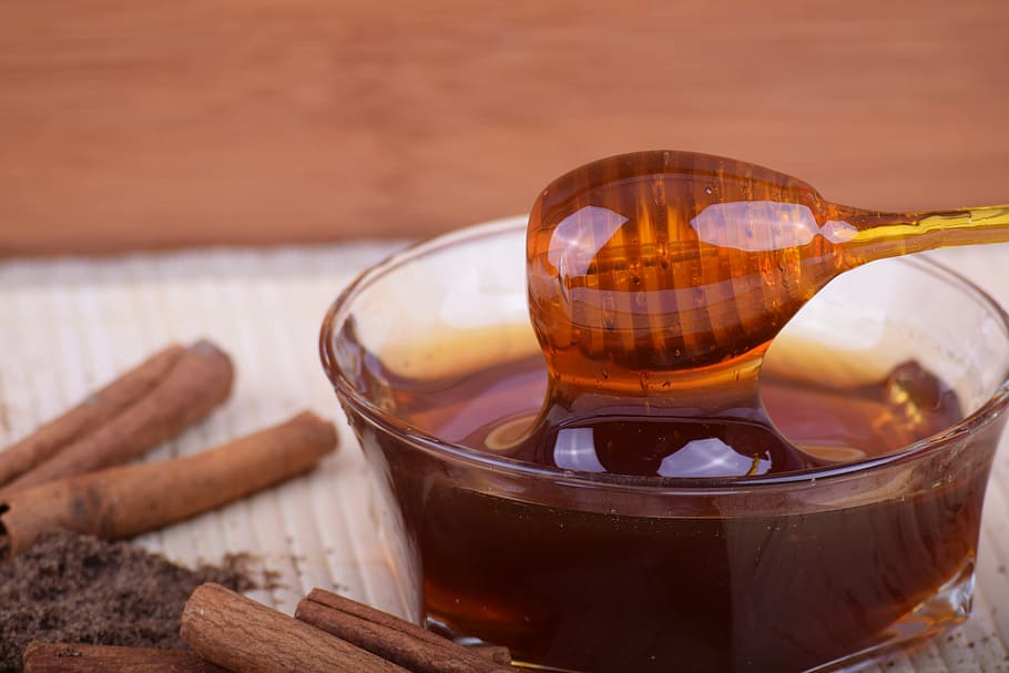 honey, clear, glass bowl, cinnamon, bowl, bee honey, food for my health, food and drink, food, wood - material