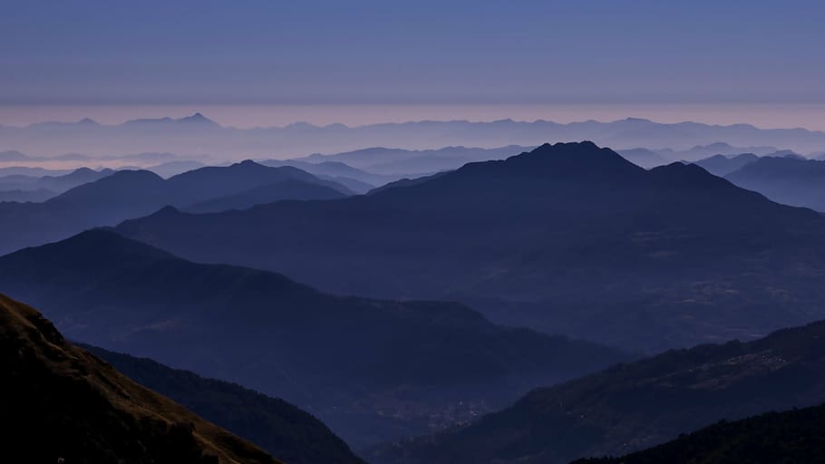Alto, fotografia de ângulo, montanha, azul, céu, amanhecer, crepúsculo, Nepal, manhã, inspirador