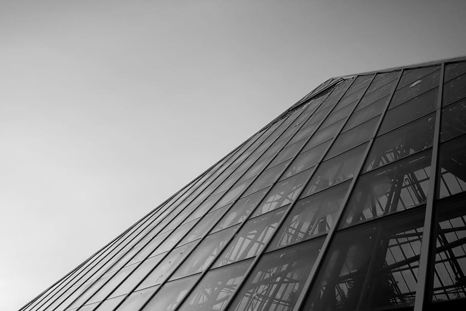fotografia em escala de cinza, edifício da parede de cortina, claro, vidro, construção, dia, hora, janelas, arquitetura, preto e branco