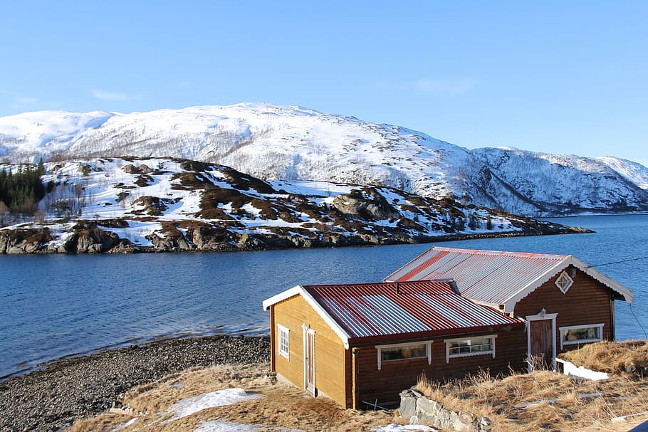 Landscape, Beautiful, Sky, Sea, Fjord, beautiful, sky, snow, mountain, nordic house, winter