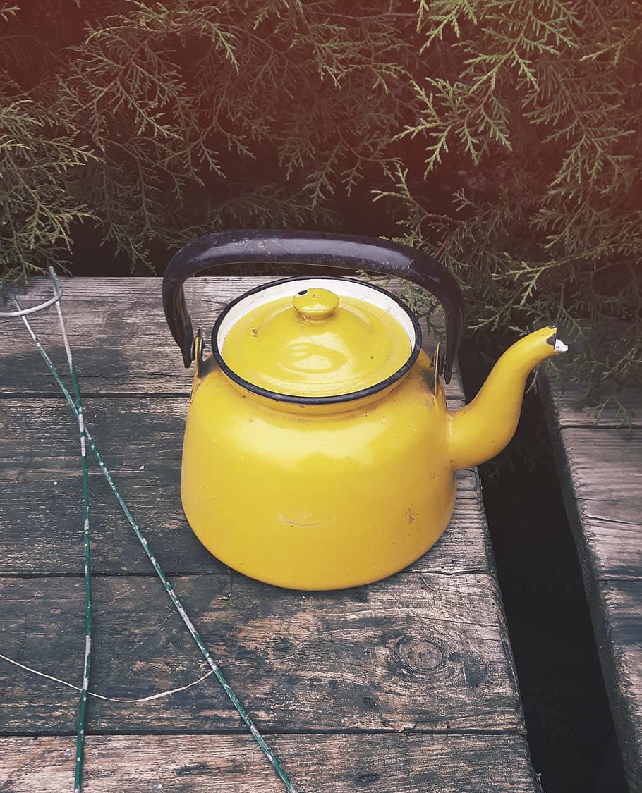 Kettle, Dining Table, Tea, Brew, Village, the rural, nature, wood, the dish, jug