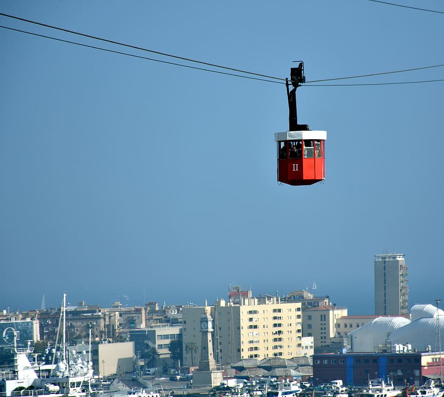 Cable Car, Cabin, Gondola, Barcelona, tourism, traffic, city, transportation, clear sky, cable