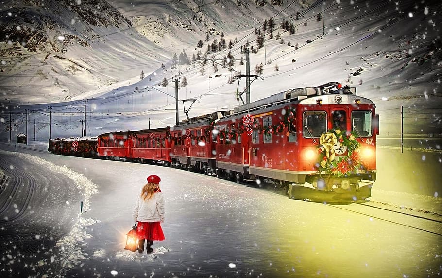 girl, gray, jacket, red, skirt, front, train, snow, polar express, christmas train