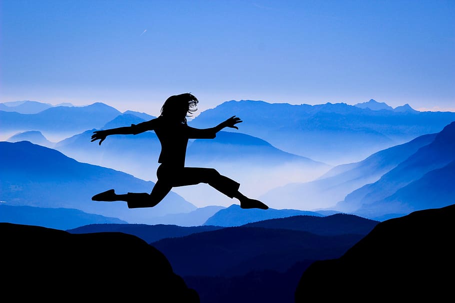 silhouette, person, jumping, mountain background, design, woman, mountain, cover, looking, career
