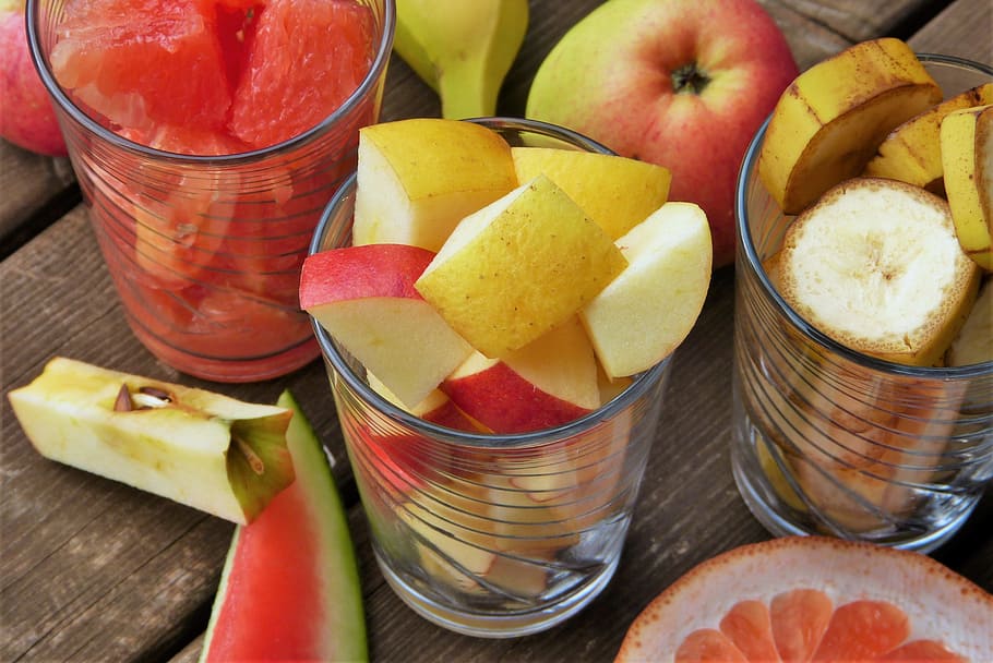 assorted, fruits, glass cup, fruit, fruit salad, apple, cut, grapefruit, banana, glasses