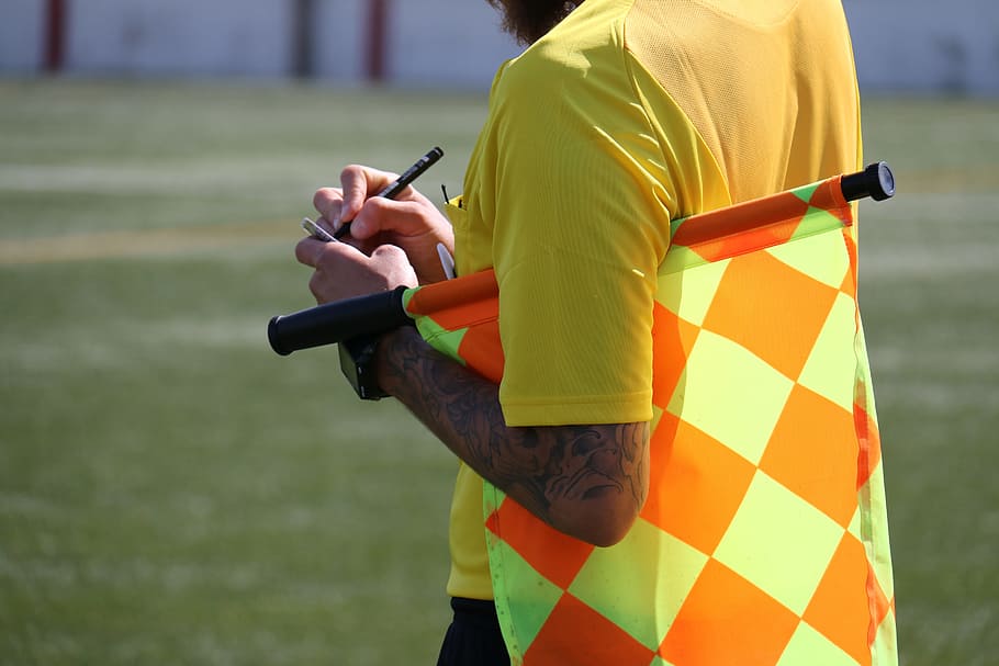 Yellow Card, Lineman, Referee, yellow, lack, football, football game, football field, dangerous move, flag