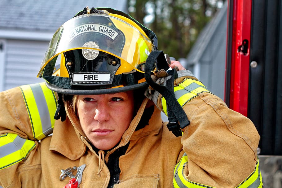 woman, wearing, bunker gear suit, helmet, woman fire fighter, fire fighter, fire brigade, us air force, fire rescue, training