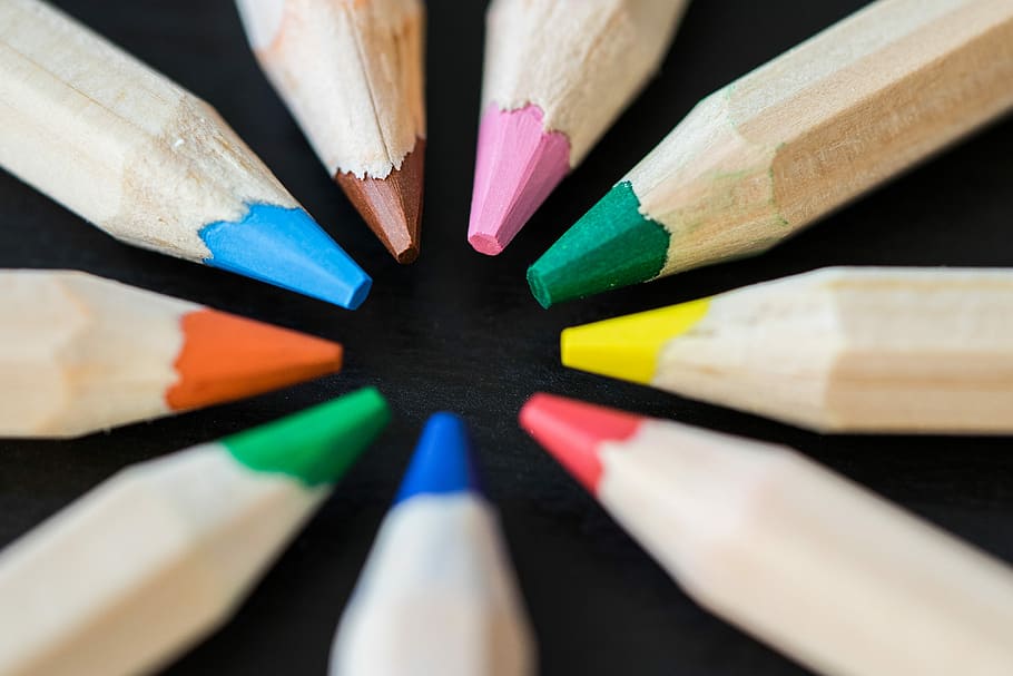цветной, карандаши, черный, стол письменный, цветные карандаши, круг, крупным планом, красочный, раскраска, цвета