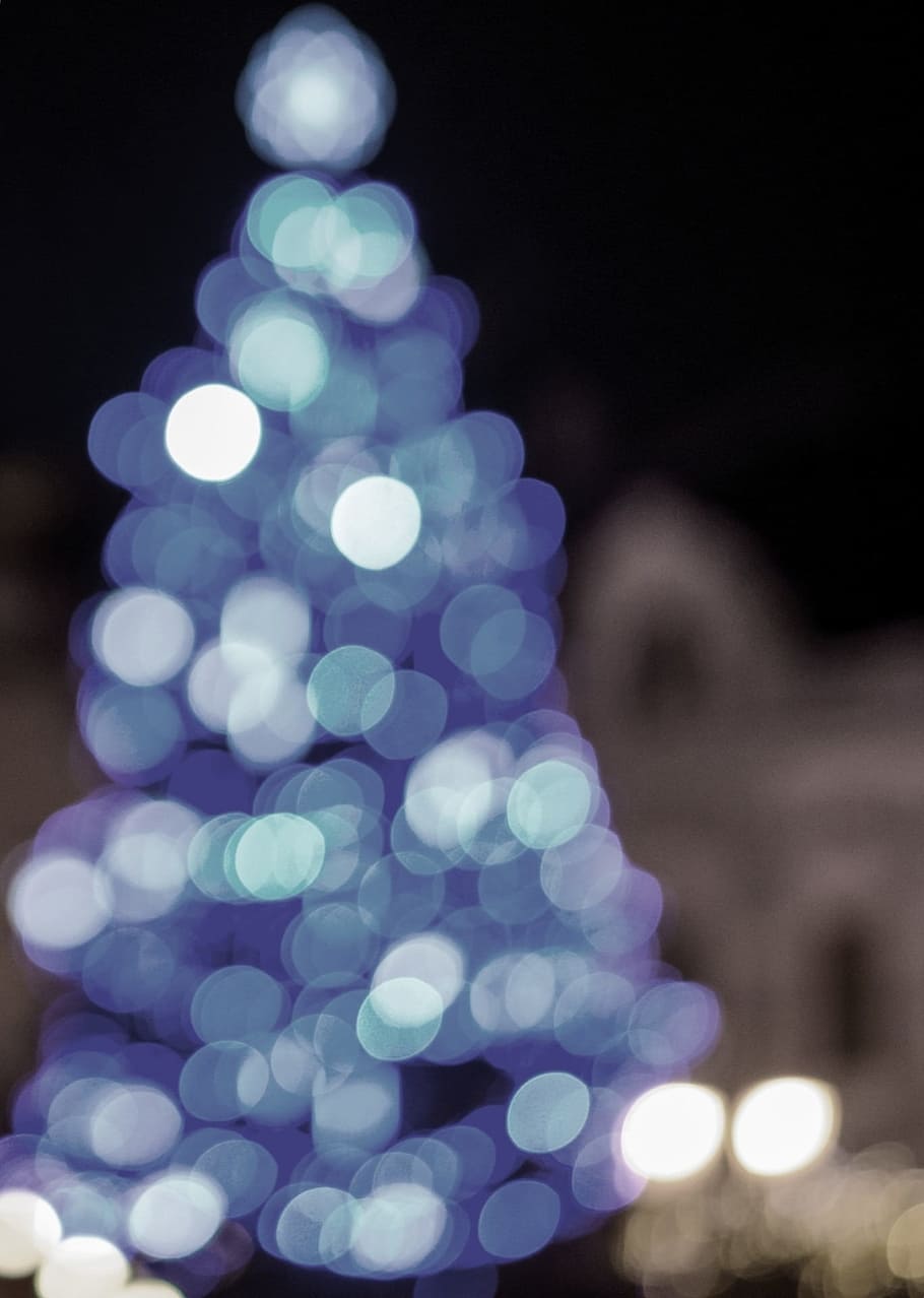 bokeh, christmas decoration, light blue, christmas tree, decoration, light, shiny, glitter, glow, christmas