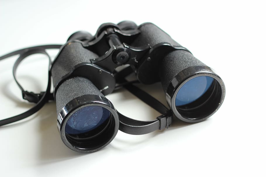 binoculares negros, binoculares, antiguo, equipo, blanco, espía, anteojos, reloj, observar, lente - Instrumento óptico