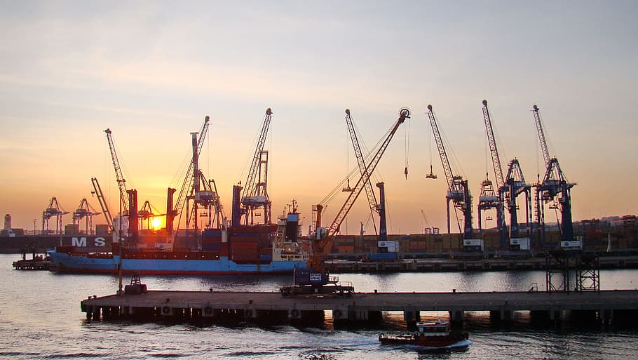 blue, cargo ship, docked, cranes, golden, hour, Port, Turkey, Bosphorus, Strait, ambarli port