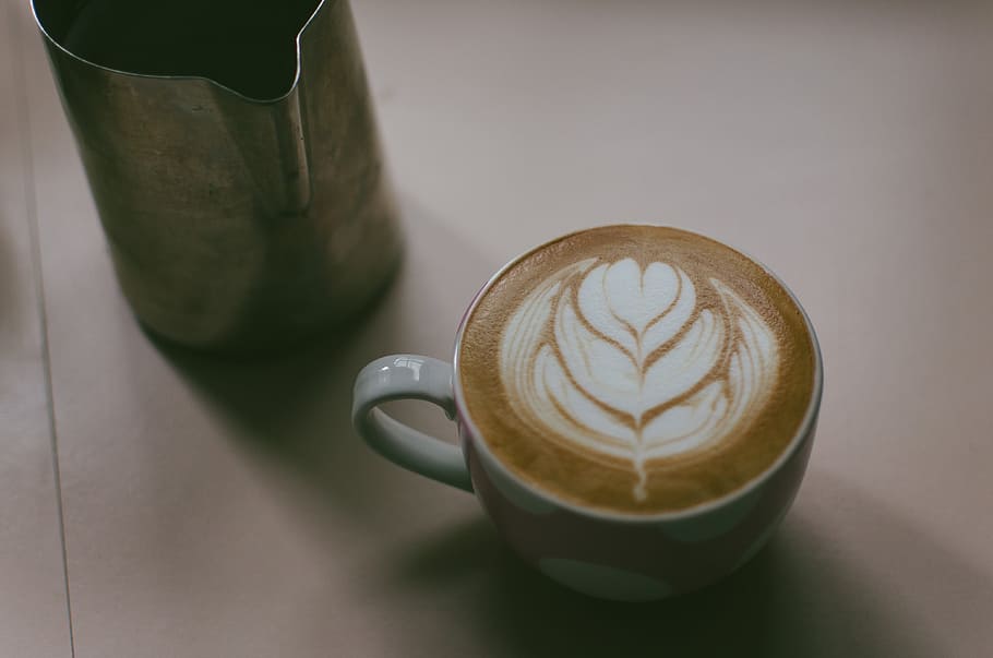 coffee, latte, art, steamed, milk, drink, shop, cup, stainless, mug