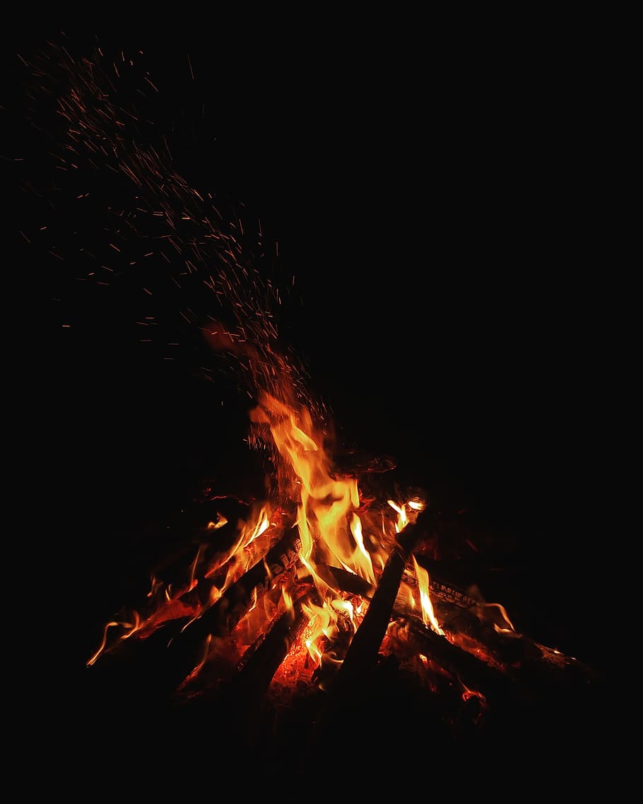 火, 炎, キャンプファイヤー, 熱-温度, 燃焼, 夜, 火-自然現象, たき火, 光る, 自然