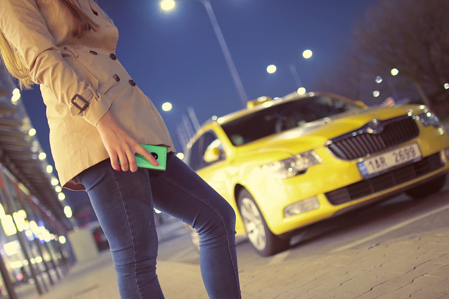 waiting, taxi, cab, yellow, girl, woman, people, standing, denim, jeans