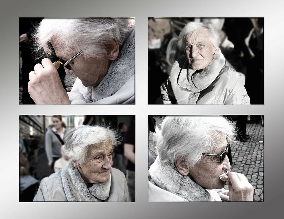woman, wearing, sunglasses, gray, suede collage photos, dependent, dementia, old, age, alzheimer's