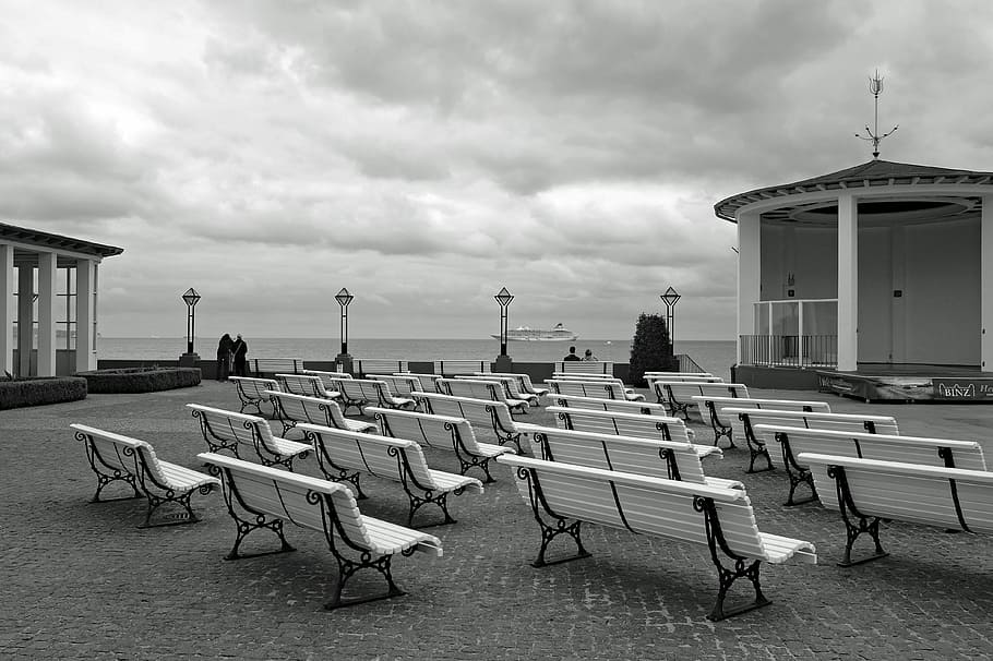 grayscale photograph, benches, pagoda, rügen, binz, baltic sea, promenade, s w, sw, black and white