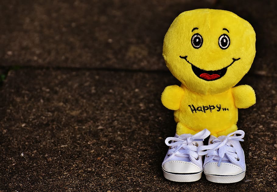 selective, focus, yellow, emoji, plush, toy, smiley, laugh, sneakers, funny