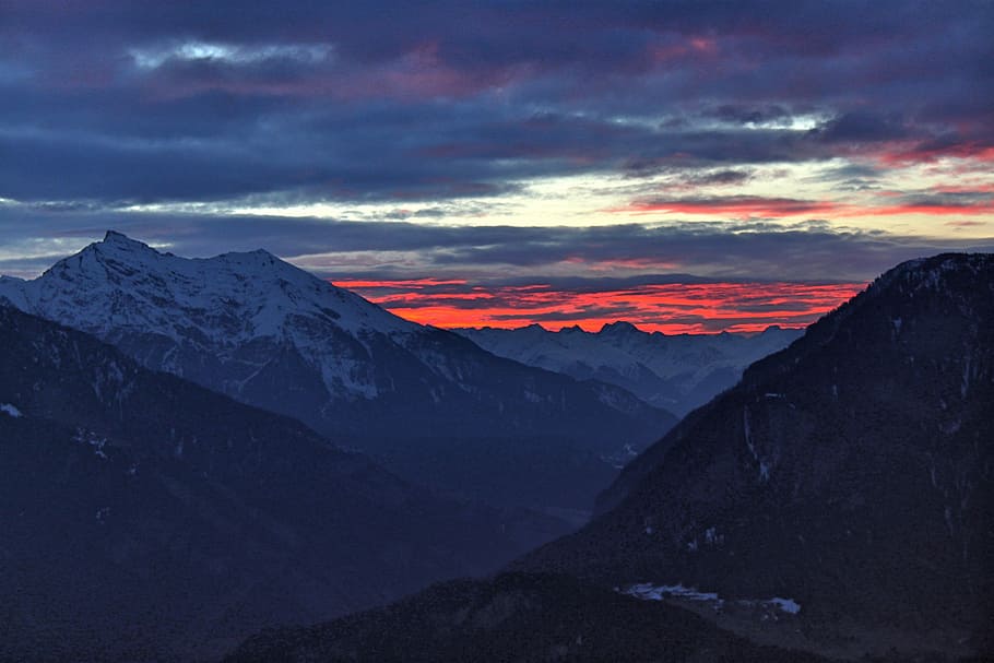 日の出, 冬, 空, 冬の日の出, morgenstimmung, 風景, 自然, 山, 高山, スイス