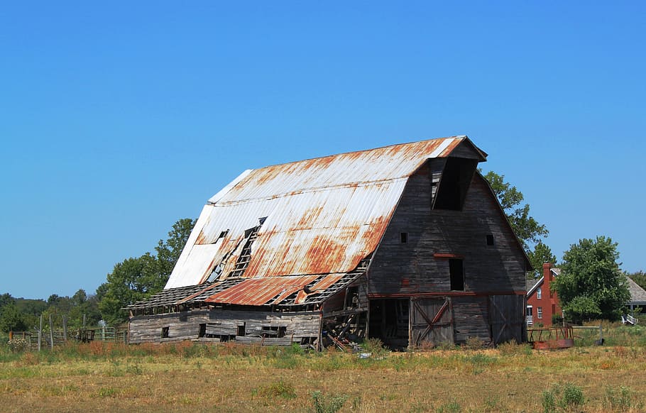barn, tin roof, fading history, clear sky, architecture, sky, built structure, blue, run-down, abandoned