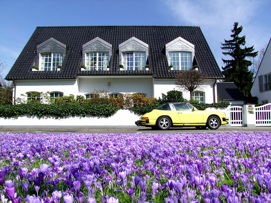 yellow, car, parked, front, white, house, daytime, villa, home, dream home