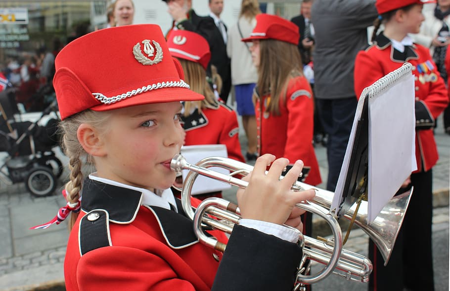 girl, playing, instrument, outdoors, cornet, school band, play, music, seventeenth of may, the national day