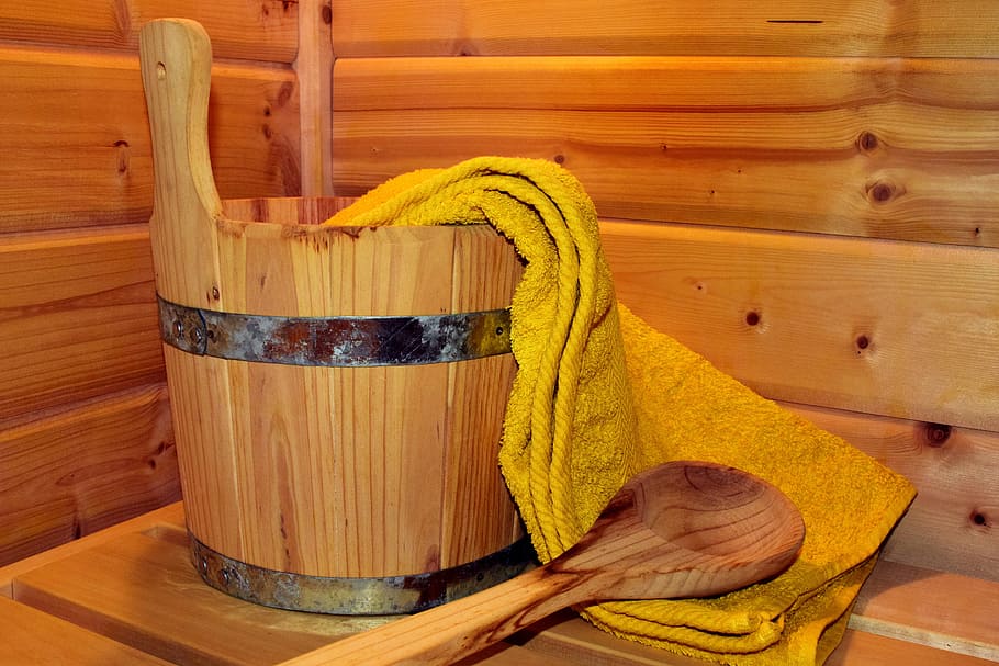 brown, wooden, ladle, bucket, sauna, relax, wood sauna, wellness, enjoy, wood