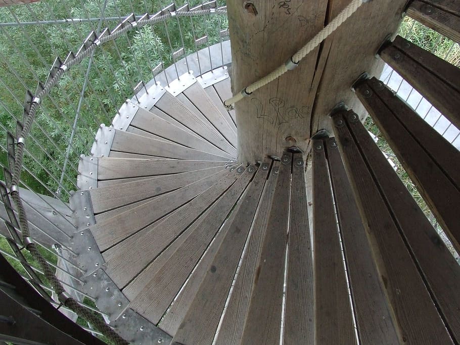 brown, wooden, spiral stairs, spiral staircase, tower stairs, wooden ladders, wood stairs, stairs, stair step, gradually