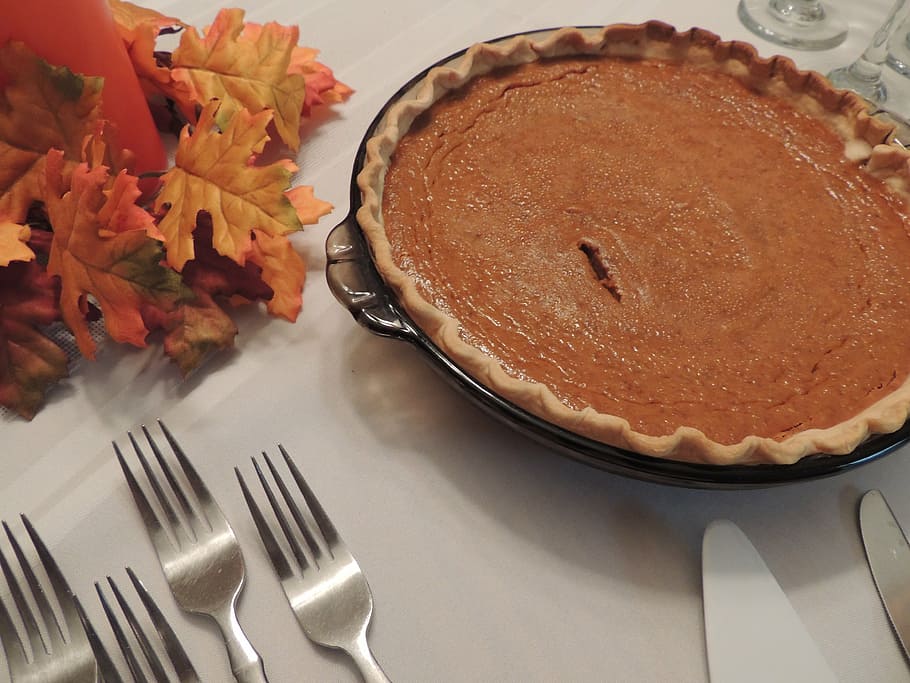 pie cake, glass bowl, forks, table, fall, thanksgiving, pumpkin pie, pumpkin, seasonal, food and drink