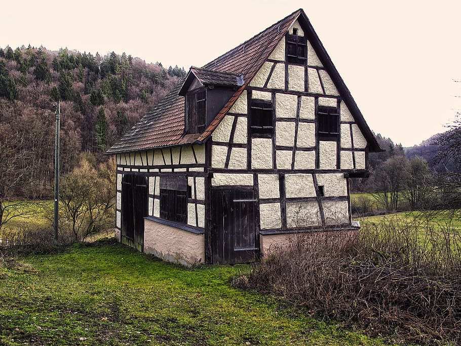 gudang, tiang penopang, aussiedlerhof, pertanian, dusun, bangunan, atap, bingkai kayu franconian, abad pertengahan, bangunan berbingkai kayu