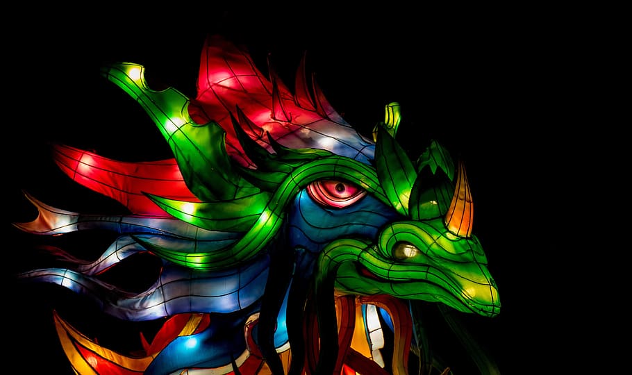 multicolored, dragon lantern, night, chinese, dragon, asian, culture, tradition, chinese dragon, oriental