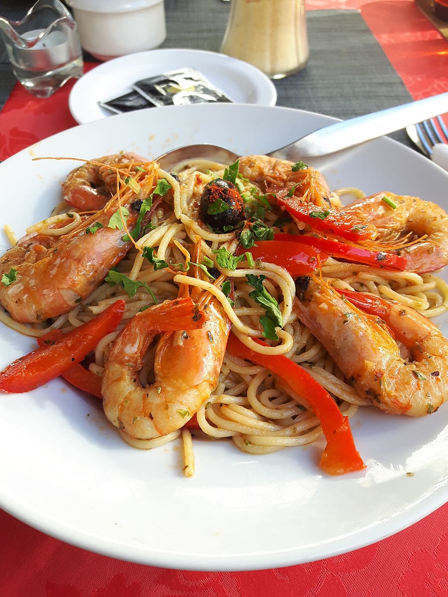 eating, shrimp, restaurant, seafood, delicious, meal, pasta, sea, cooking, food and drink