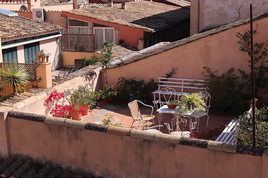terrace, mediterranean, roof terrace, south, holiday, mallorca, building, outlook, summer, house facade