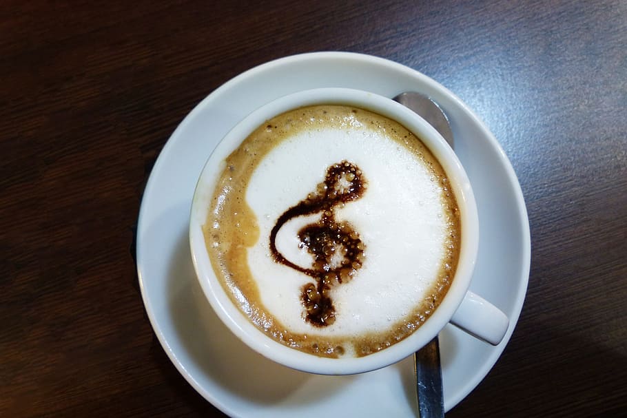 ceramic, cup, filled, coffee, music, treble clef, artwork, coffee cup, coffee - drink, mug