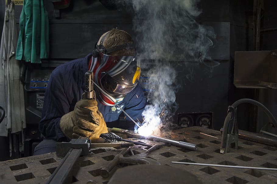 man, wearing, mask welding, gray, tool, construction, worker, welding, welder, industry