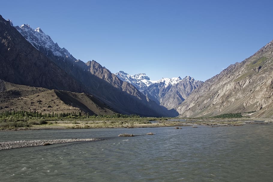 tajikistan, provinsi gunung-badakhshan, pamir, pegunungan tinggi, sungai pandsch, lembah pandsch, pemandangan, sungai, air, salju