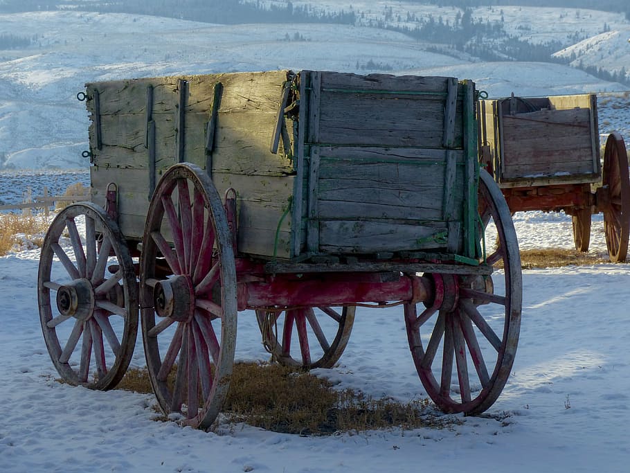 brown, wooden, horse carriage, ice ground, wagon, deadman, ranch, ancient, buildings, western style