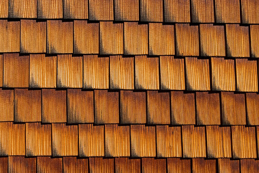 facade cladding, shingle, wood shingles, wooden wall, wall tiling, texture, full frame, backgrounds, pattern, brown
