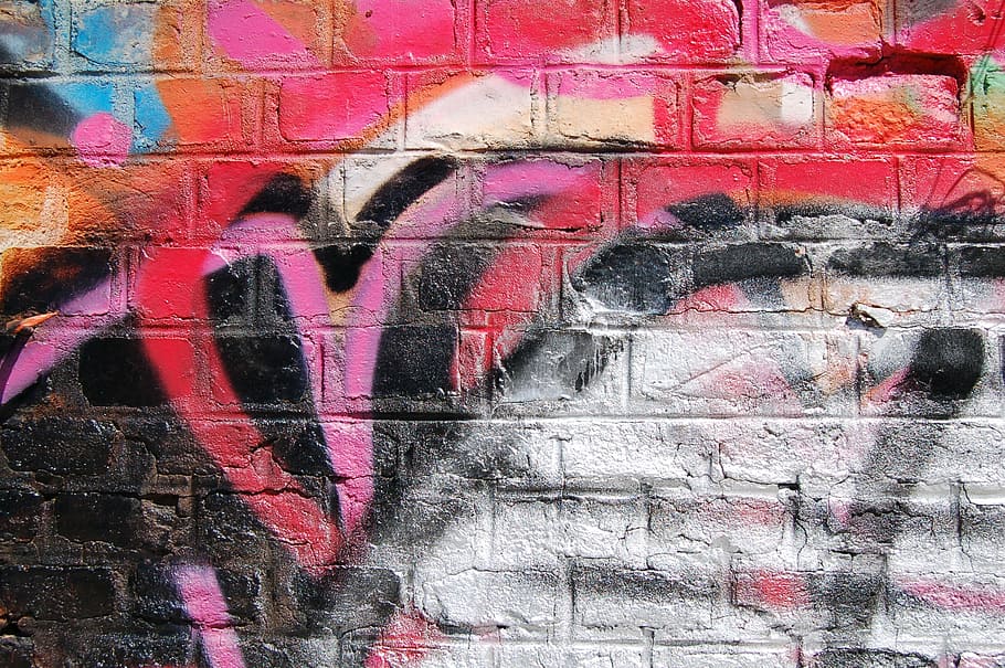 multicolored abstract graffiti, black, pink, red, graffiti, artwork, daylight, public, wall, art