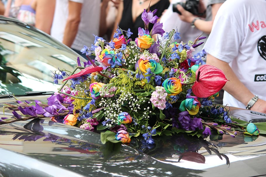 bunga, warna-warni, mawar, bucke, karangan bunga, mobil, festival jalanan, csd, cologne, parade jalanan