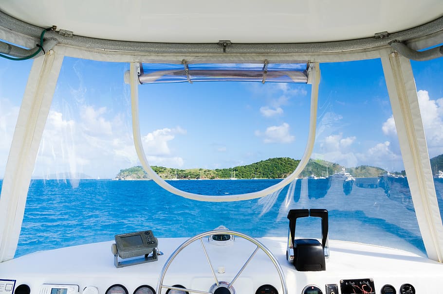 white, speed boat, interior, boat, steering wheel, boating, water, sea, driving, marine