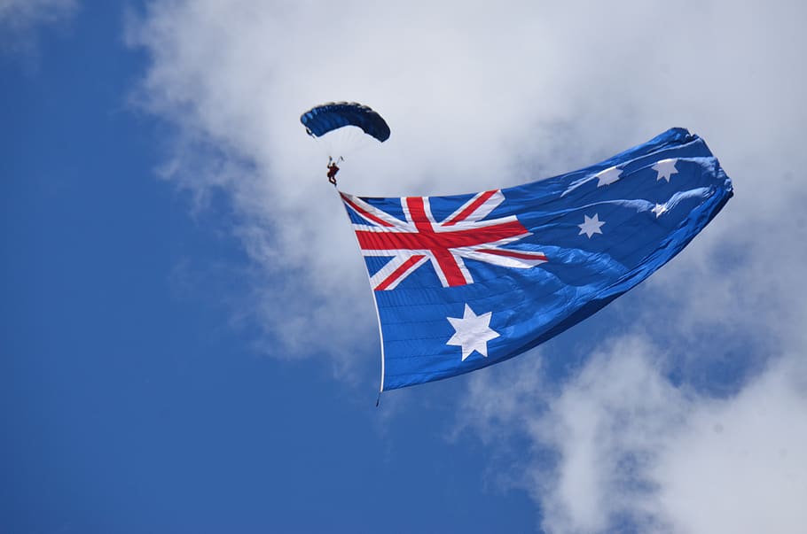 wind, sky, dom, patriotism, outdoors, australia, flag, flying, cloud - sky, blue