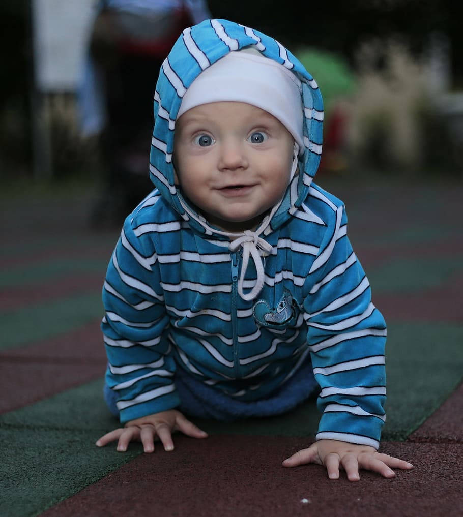 shallow, focus photography, baby, blue, white, striped, jacket, boy, kid, son