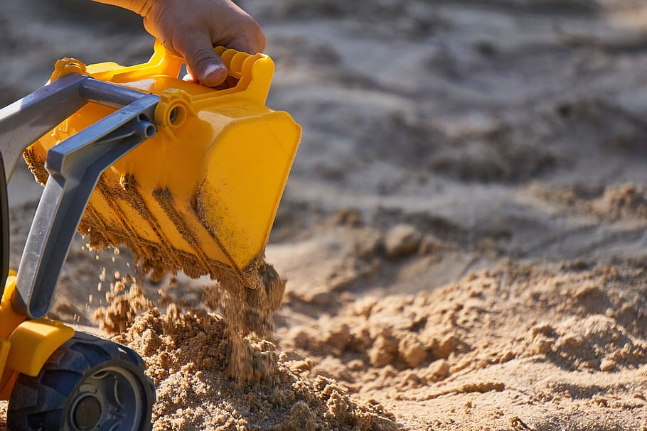 excavator, pasir, pemuatan, mainan, anak, bermain, lubang pasir, merapatkan, kuning, memiringkan