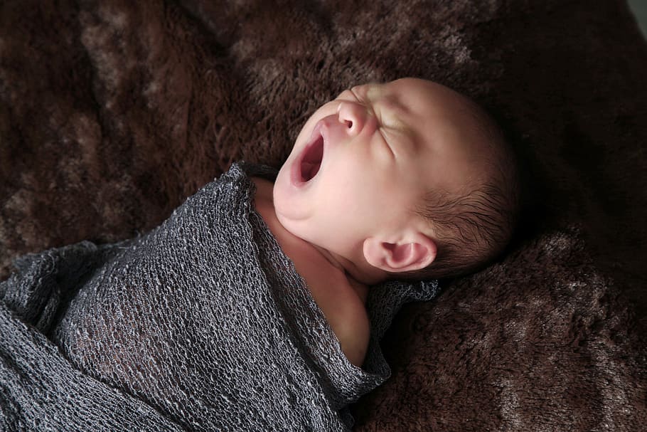 yawning, baby, wrapped, gray, cloth, newborns, portrait, vietnam, the child, child