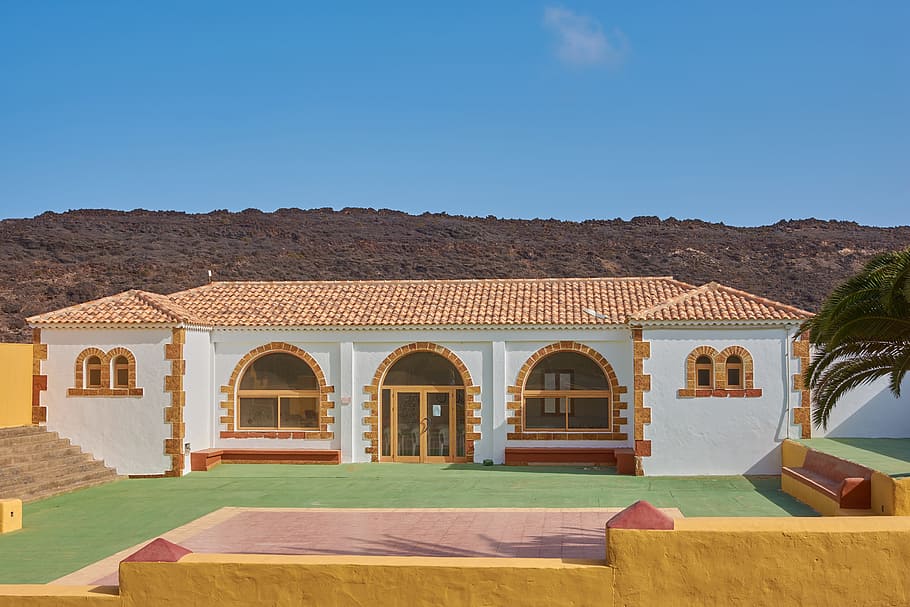 fuerteventura, viewpoint, canary islands, blue sky, desert, hill, school, architecture, built structure, building