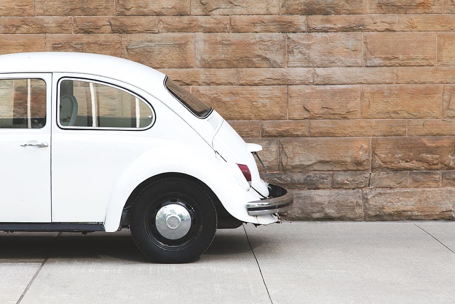 putih, antik, mobil, vintage, vw, bug, klasik, otomotif, transportasi, dinding bata