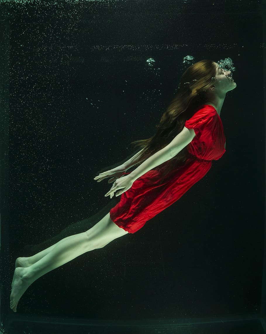 woman, red, dress, water, under water, fashion, increased, tank, fine art, model